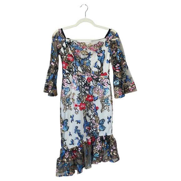 ALEXIA ADMOR Ivory Floral Sequin Embroidered Asymmetric Dress Size 4 Party - Picture 3 of 11